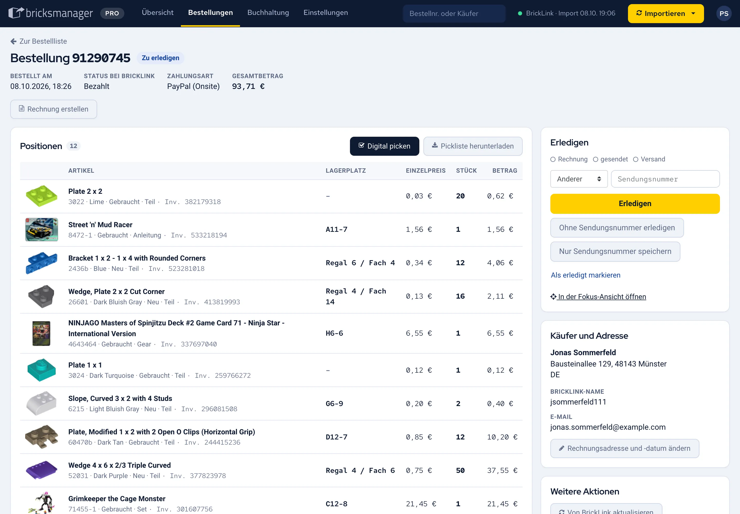 Bestellseite in Bricksmanager mit den Positionen links und dem Block „Erledigen“ rechts