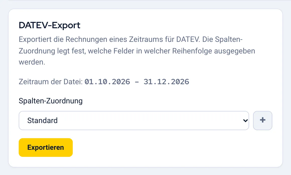 Karte „DATEV-Export“ mit Zeitraum, Spalten-Zuordnung und der Schaltfläche „Exportieren“