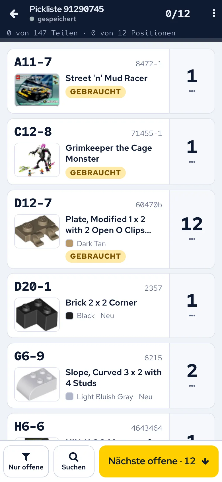 Digitale Pickliste am Telefon: Positionen nach Lagerplatz mit Artikelbild und Stückzahl zum Abhaken