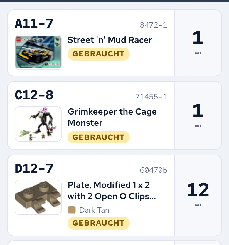 Drei Positionen der Pickliste mit Lagerplatz, Artikelbild, Zustand und Stückzahl