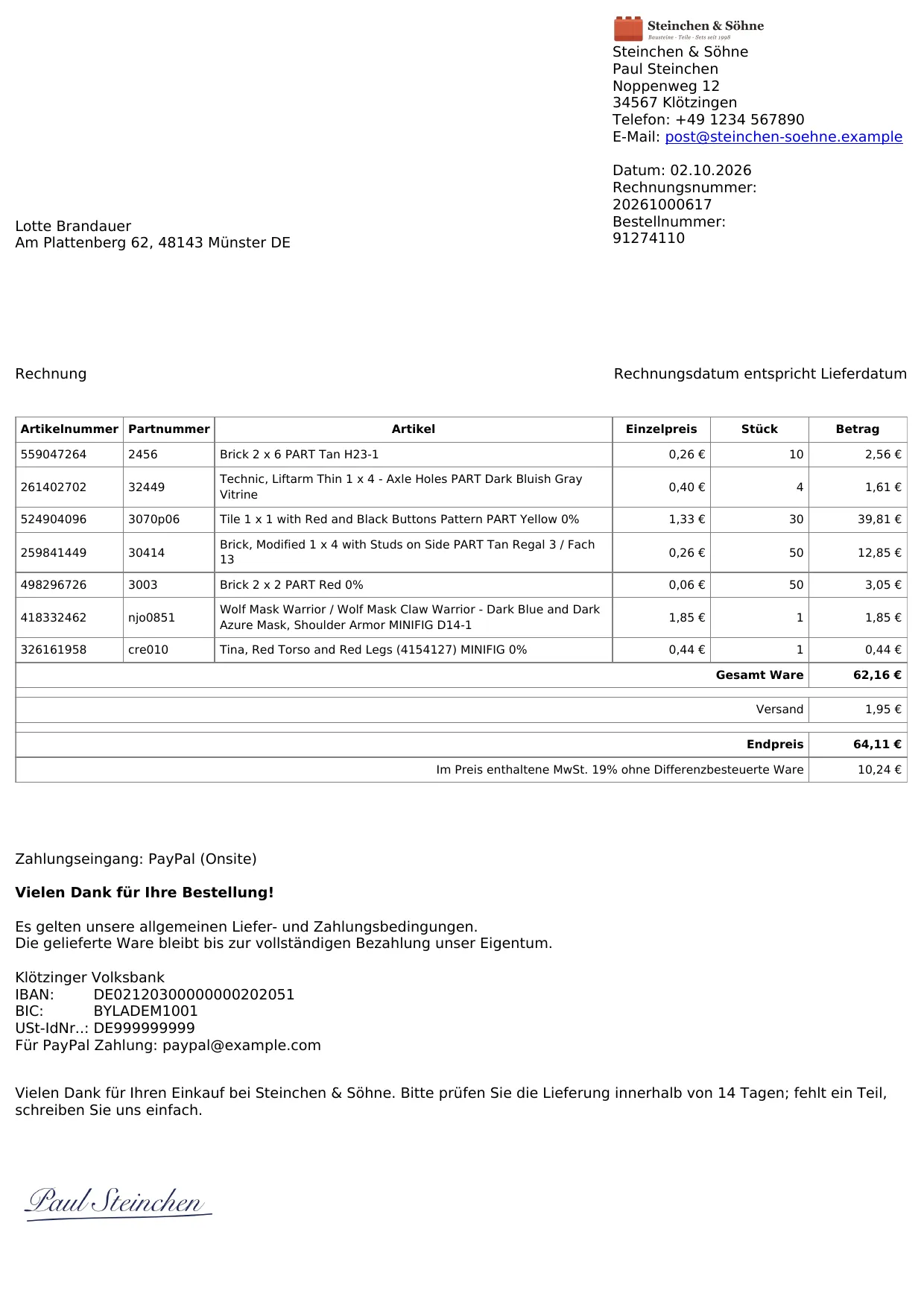 Rechnung von Bricksmanager als PDF mit Logo, Positionen, Umsatzsteuer und Summen