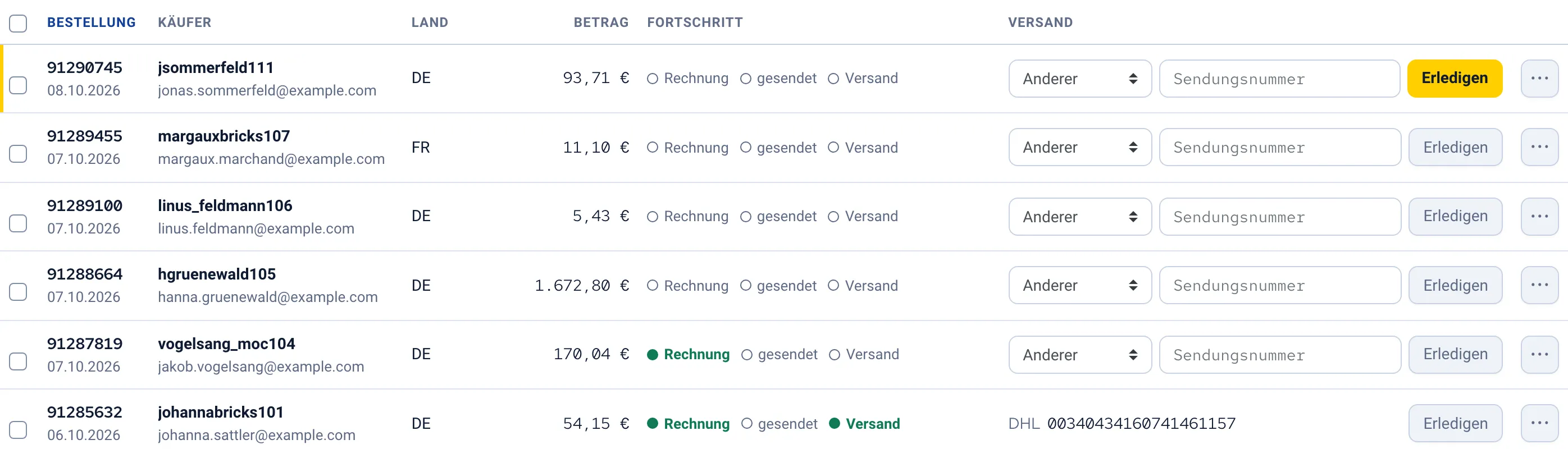 Zeilen der Bestellliste mit dem Fortschritt jeder Bestellung – Rechnung, gesendet, Versand